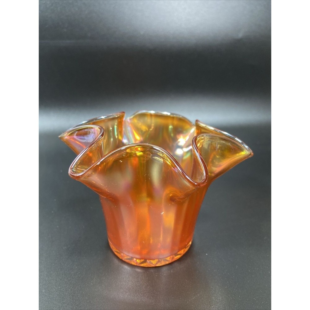 Vintage Ray Pattern Marigold Carnival Glass Hat Vase Candy Dish Ruffled Edge 3”